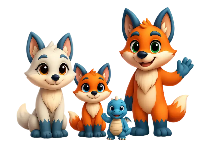 Main Characters for the QuziiWorld Book Series - Luna, Quzzi, Bronto and Stenzo
